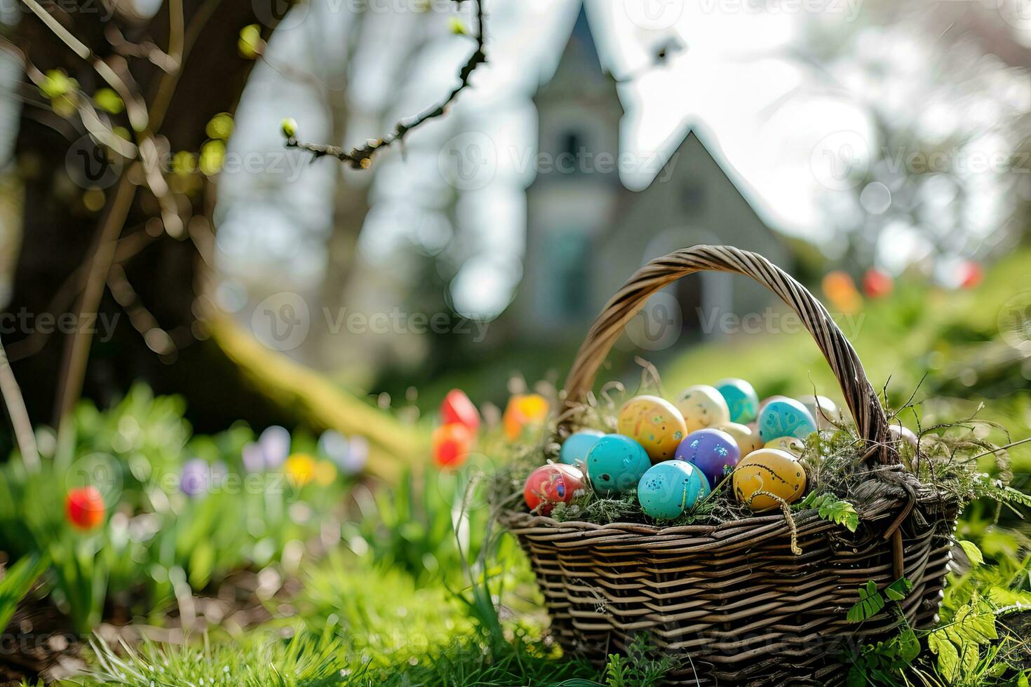 ai generato un' tradizionale Pasqua con un' cestino pieno uova e un' piccolo Chiesa nel il sfondo. generativo ai foto