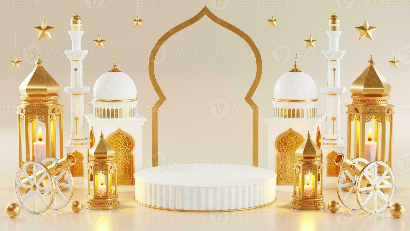 3d Ramadan kareem podio con d'oro Luna stella e lanterna, moschea porta islamico modello, Arabo caffè pentola, Data palma frutta, podio come lusso islamico sfondo. decorazione per Ramadan kareem. foto