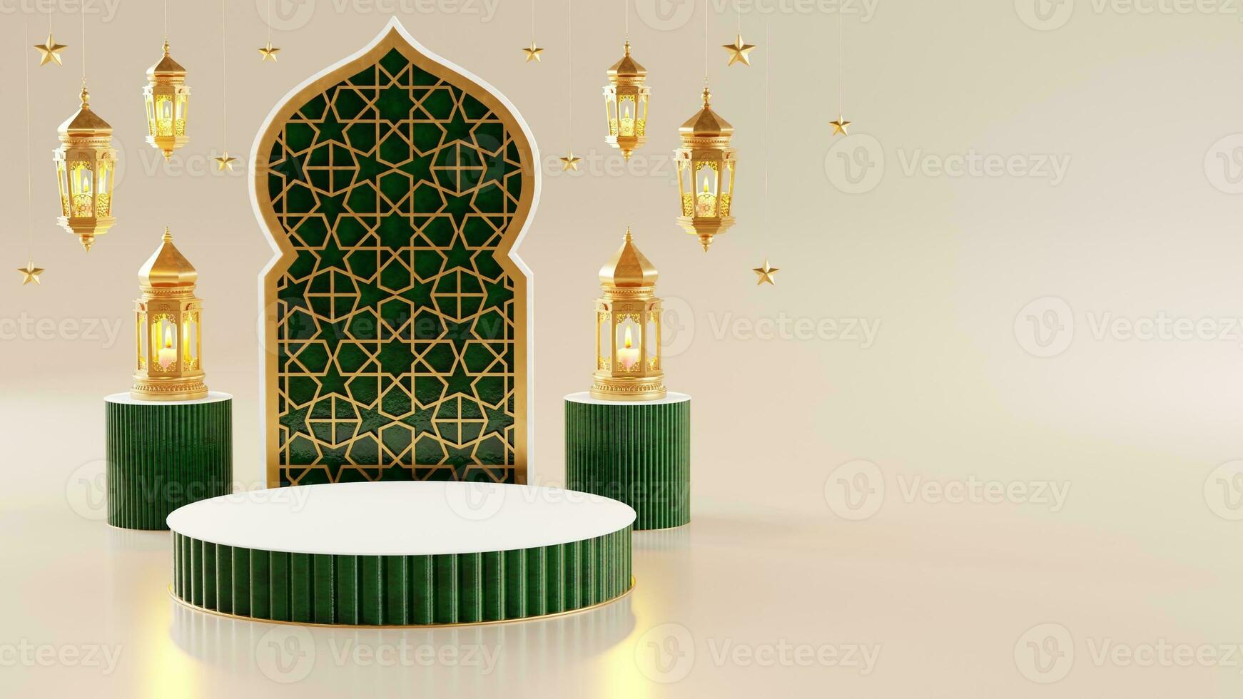 3d Ramadan kareem podio con d'oro Luna stella e lanterna, moschea porta islamico modello, Arabo caffè pentola, Data palma frutta, podio come lusso islamico sfondo. decorazione per Ramadan kareem. foto