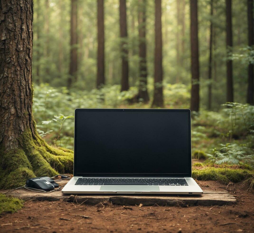 ai generato il computer portatile con vuoto schermo su il foresta pavimento. libero professionista o a distanza opera concetto. foto