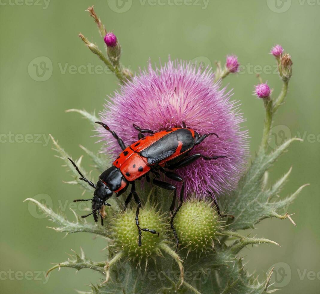 ai generato scarabeo rosso Coccinellidae su cardo foto