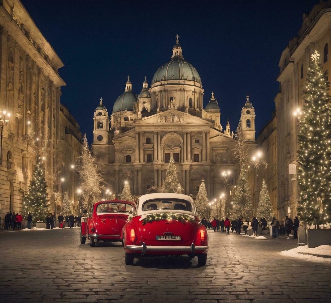 ai generato rosso Vintage ▾ auto con Natale albero nel davanti di st. di Stefano basilica. foto