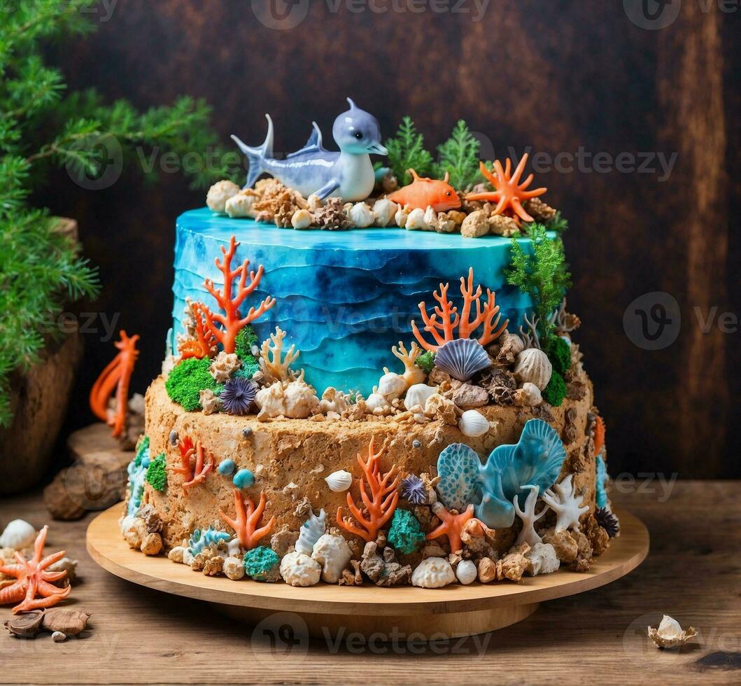ai generato torta decorato con alga marina, stella marina, coralli e conchiglie foto