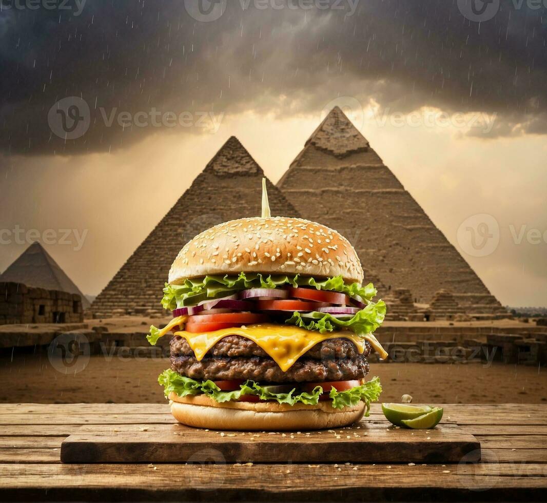 ai generato Hamburger nel davanti di il piramidi nel giza, Egitto foto