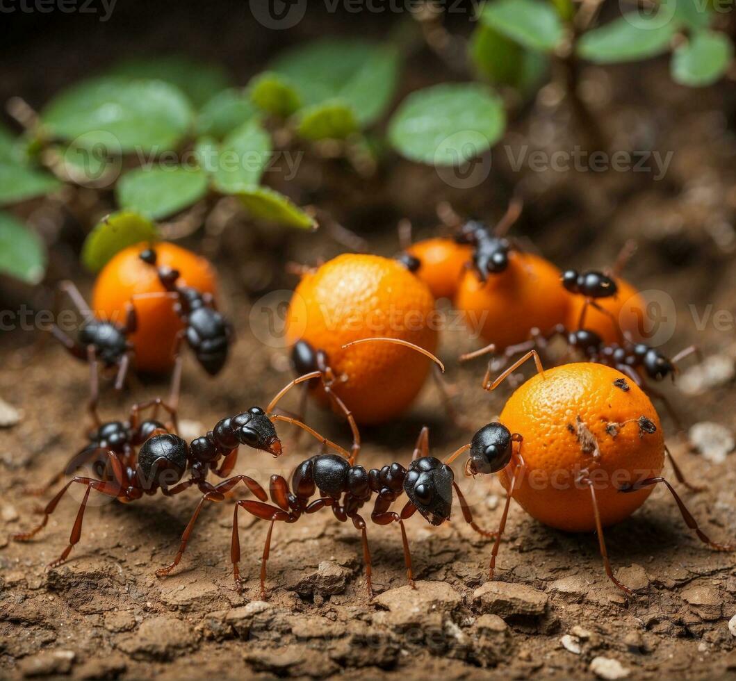 ai generato avvicinamento di un' gruppo di nero formiche trasporto arancia frutta su il terra foto
