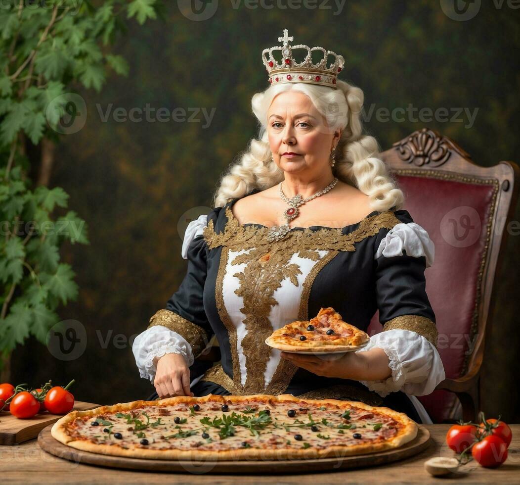 ai generato ritratto di un' bellissimo anziano donna nel medievale vestito con un' grande Pizza. foto