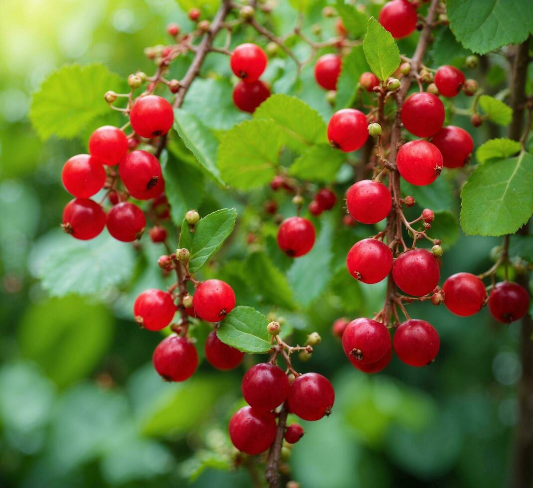 ai generato rosso ribes frutti di bosco su un' ramo con verde le foglie nel il giardino foto