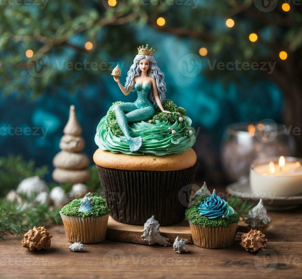 ai generato Cupcake con verde buttercream e un' Fata su superiore. foto