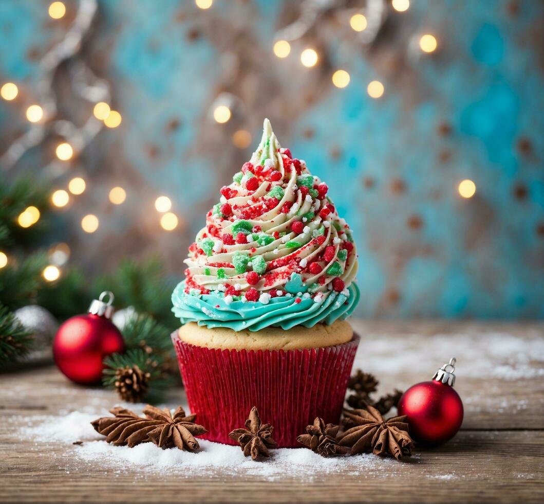 ai generato cioccolato Cupcake con cioccolato crema e ardente candele su un' Marrone sfondo foto