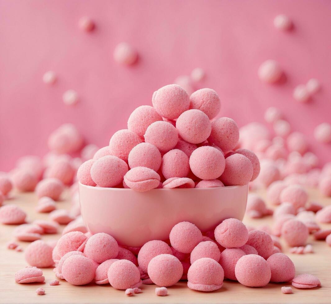 ai generato rosa caramelle nel un' ciotola su un' rosa sfondo. selettivo messa a fuoco. foto