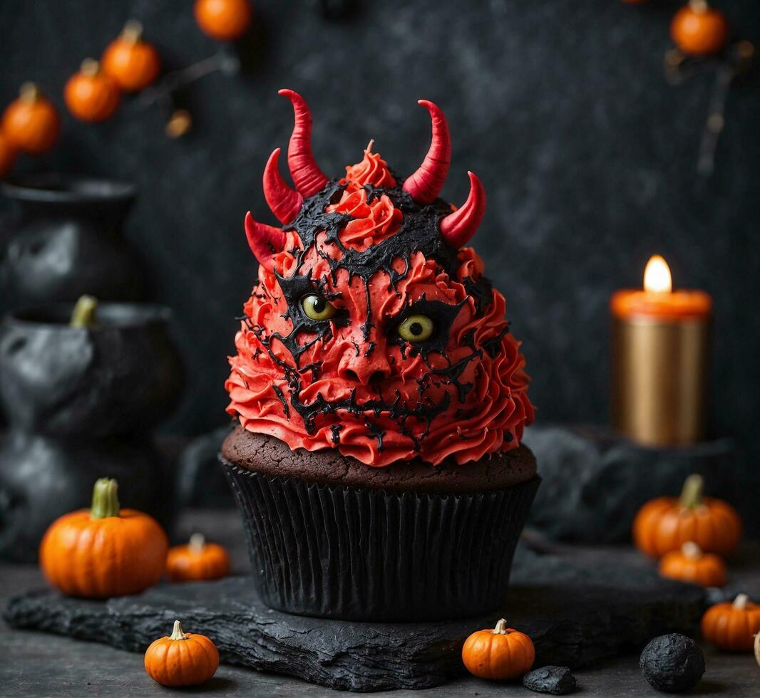 ai generato Halloween Cupcake con rosso glassatura e diavolo corna su un' buio sfondo foto