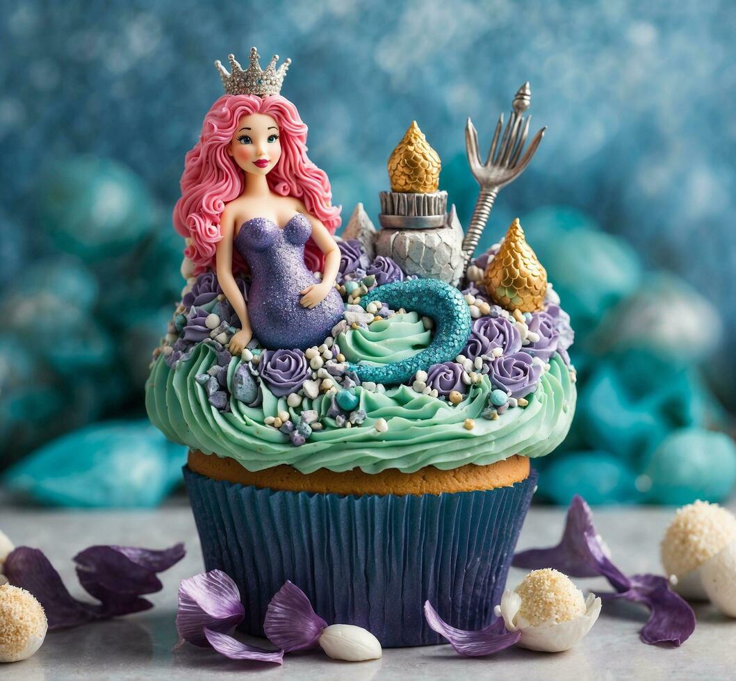 ai generato Cupcake con un' sirena su il superiore e blu backgrund. foto