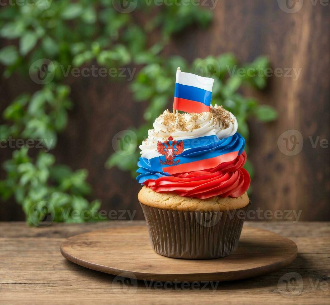 ai generato Cupcake con il bandiera di Russia su superiore su un' di legno sfondo. foto