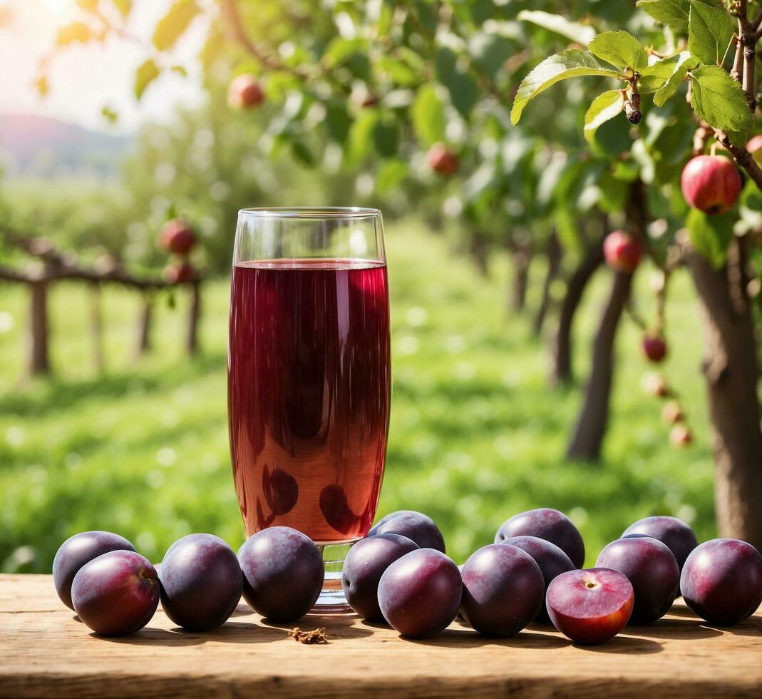 ai generato prugna succo nel un' bicchiere e fresco frutta nel il frutteto foto