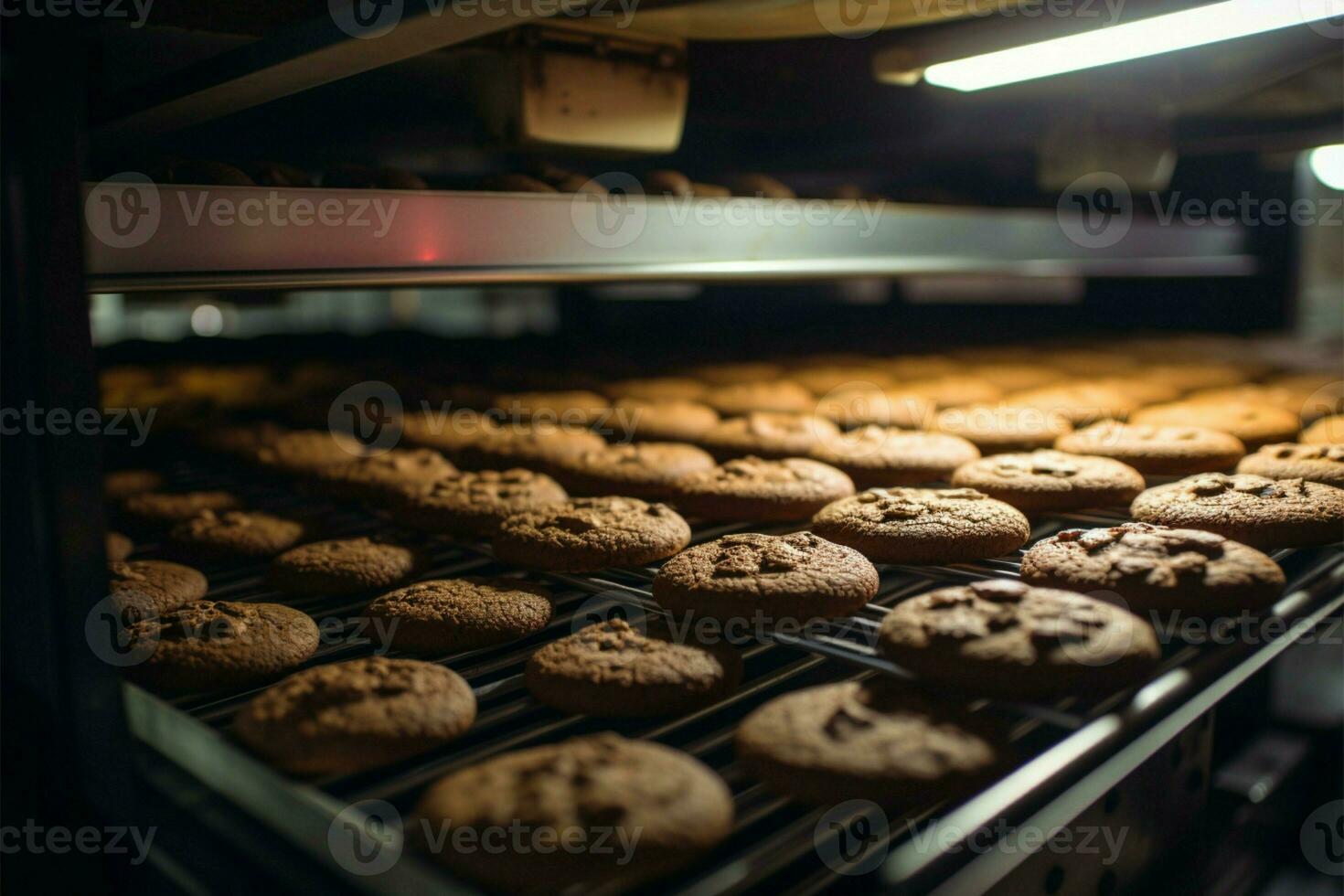 ai generato delizioso montaggio un' fabbrica linea produce cioccolato biscotti con ritmico precisione foto
