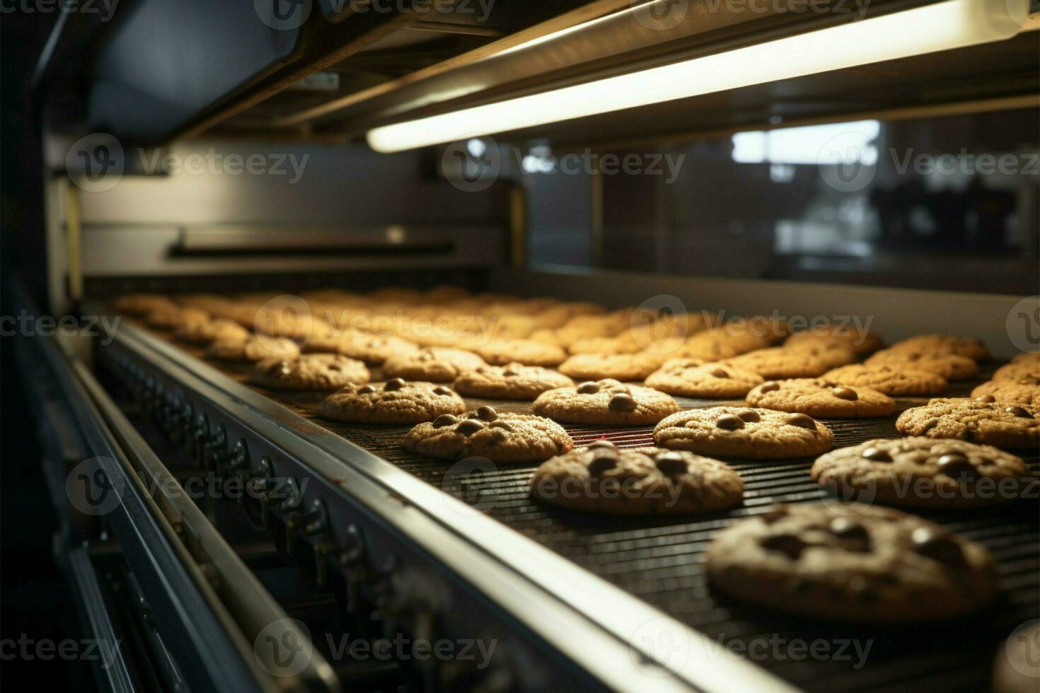 ai generato biscotto fabbrica Magia un' trasportatore linea mestieri delizioso cioccolato ossequi con precisione foto