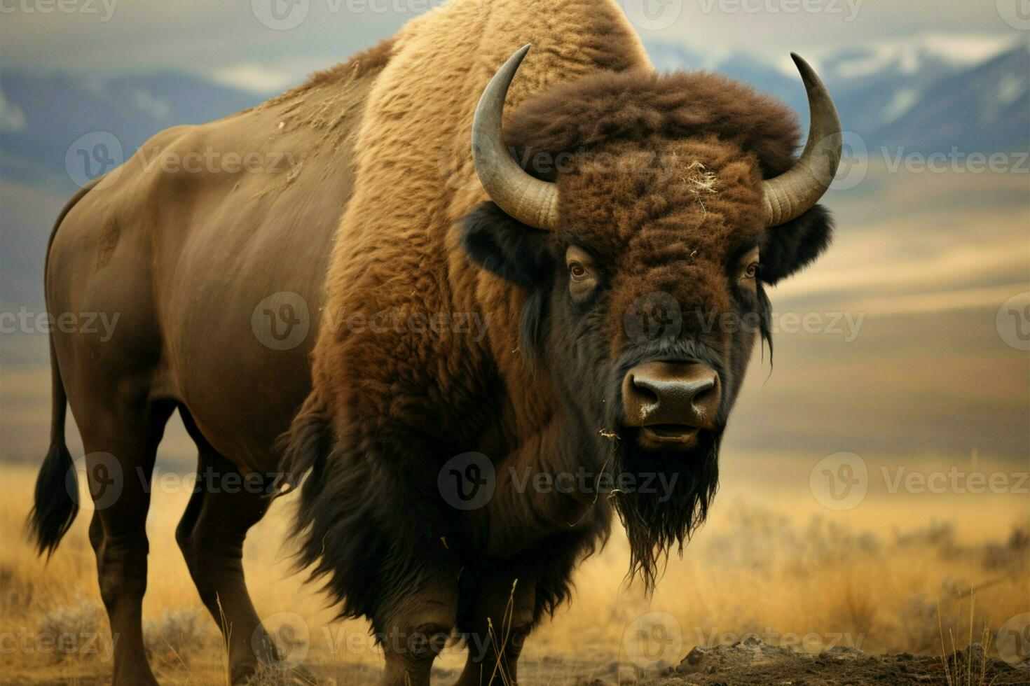 ai generato bisonte di il americhe, un' potente e mille dollari erbivoro, comandi il erboso distese foto