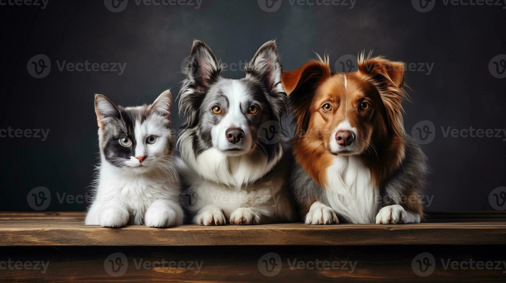 ai generato Due cani e un' gatto a un' di legno tavolo. studio luce. copia spazio. foto