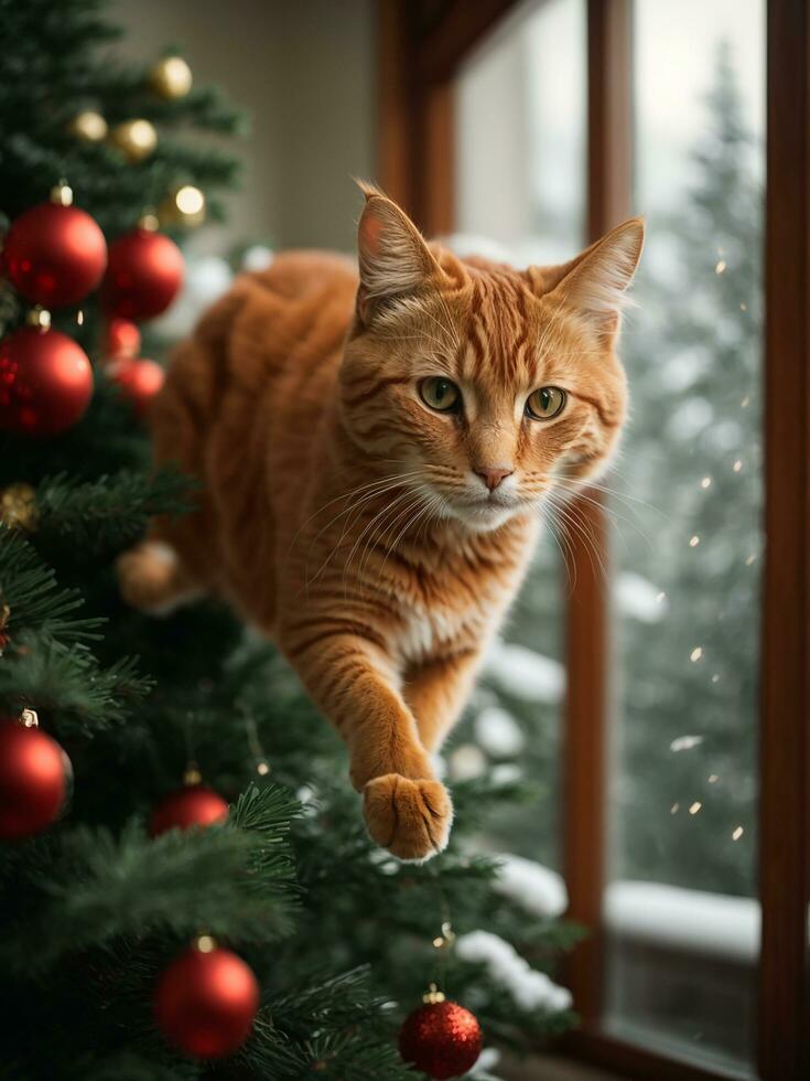 ai generato rosso gatto salto su il Natale albero, giocoso rosso gatto, nuovo anni umore foto