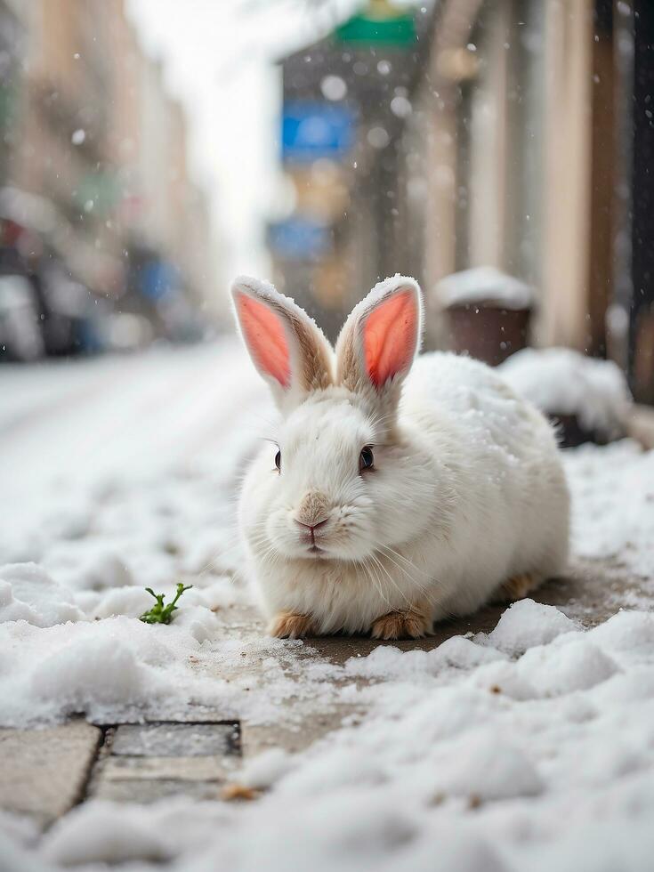 ai generato bianca coniglio si siede all'aperto sotto il neve nel inverno, coniglio all'aperto foto