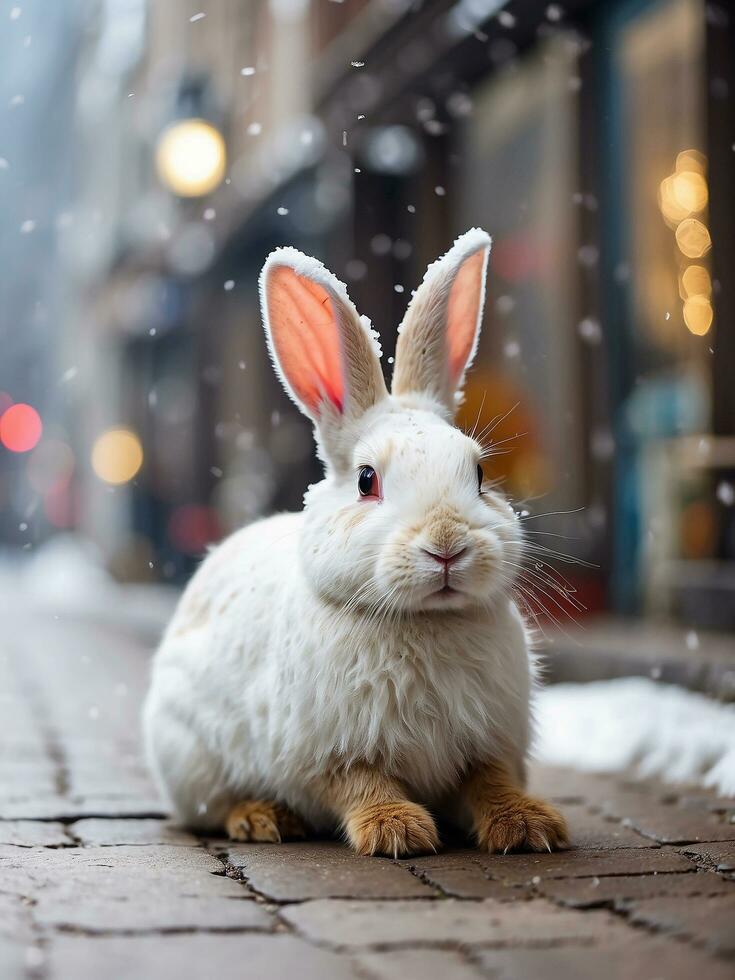 ai generato bianca coniglio si siede all'aperto sotto il neve nel inverno, coniglio all'aperto foto