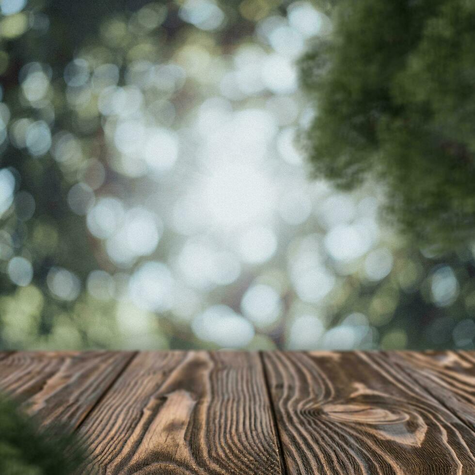 di legno tavolo superiore su natura sfondo - può essere Usato per montaggio o gratuito Schermo di il tuo prodotti foto