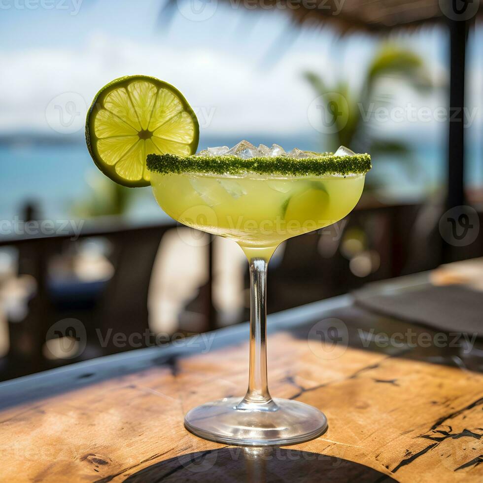 ai generato Margherita daiquiri. cocktail con Ghiaccio, basilico e Limone fette. cocktail a il sbarra. crogiolarsi nel il caldo pomeriggio sole. il fondale è un' calma mare con un' bokeh effetto. foto