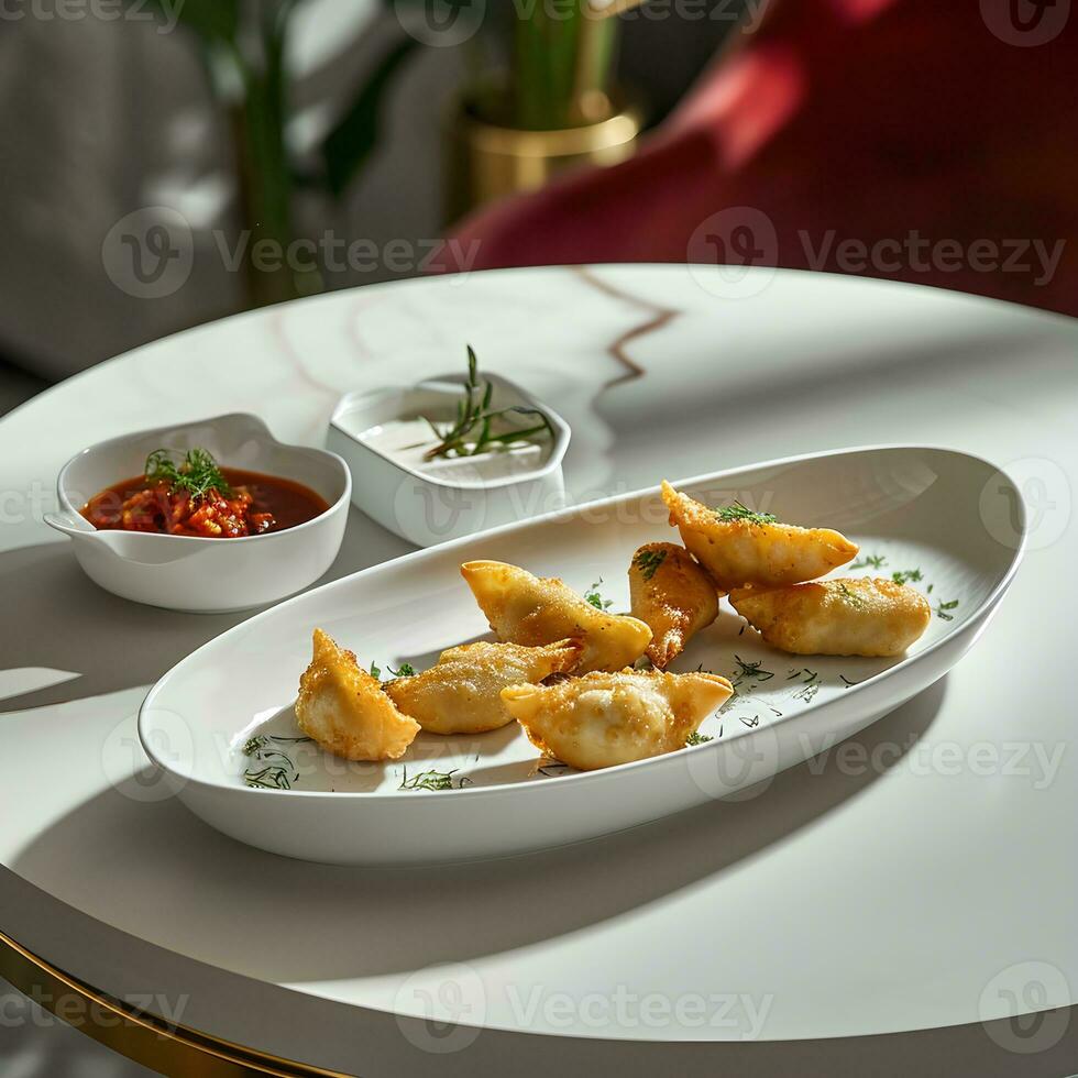 ai generato Prodotto fotografia, ovale irregolare bianca ceramica gnocco gyoza piatto, con immersione piatto, con Ravioli, su un' bianca il giro tavolo, sfondo casa leggero lusso, zara stile foto