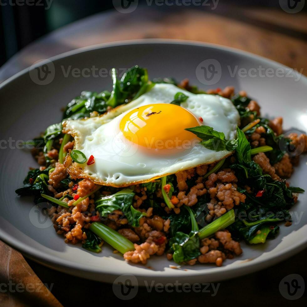 ai generato tampone ka-prao muggire , agitare fritte tailandese basilico con tritato Maiale e un' fritte uovo su sormontato, caldo e scipy foto