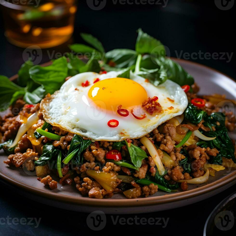 ai generato tampone ka-prao muggire , agitare fritte tailandese basilico con tritato Maiale e un' fritte uovo su sormontato, caldo e scipy foto