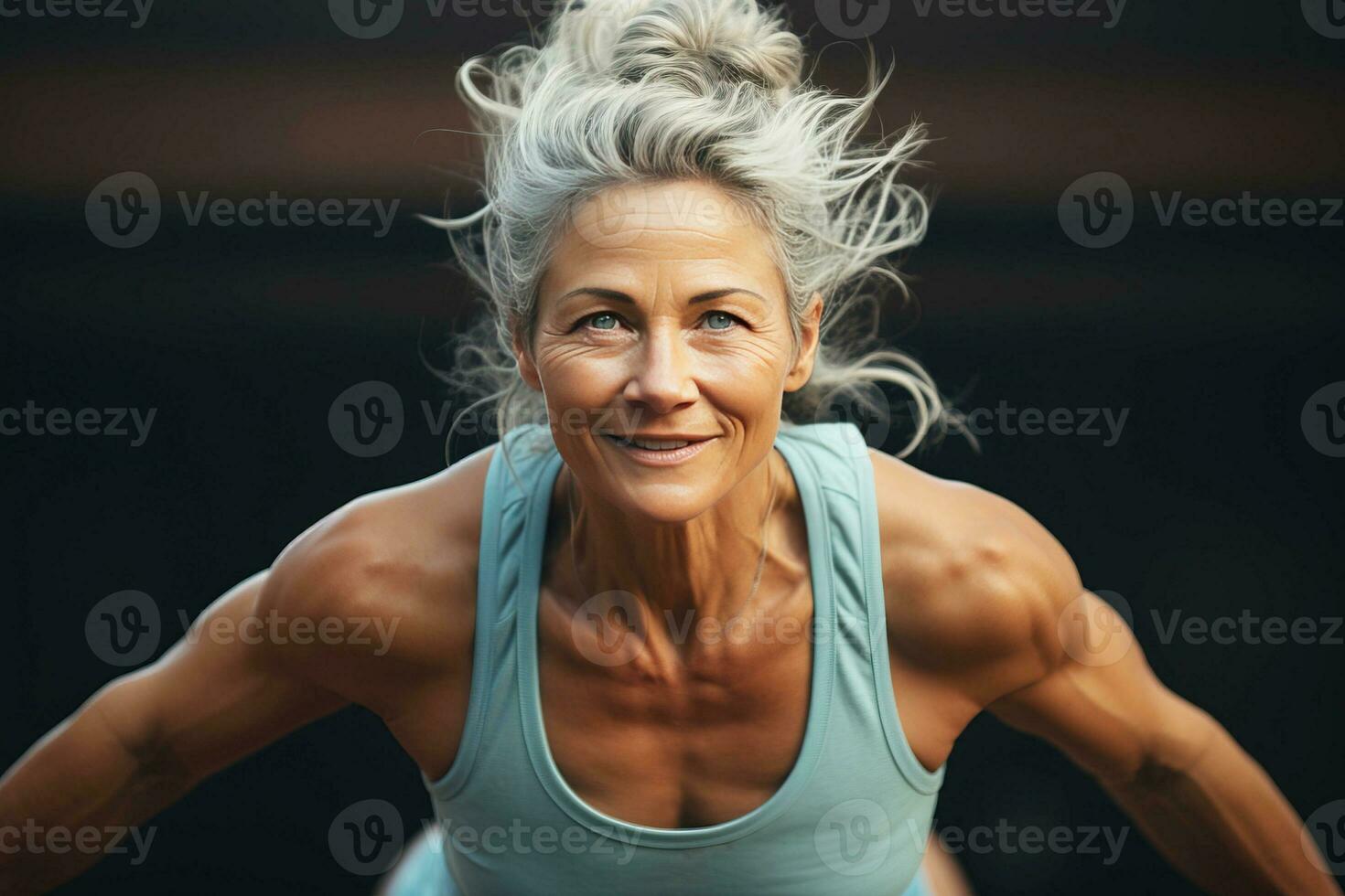 ai generato ritratto di atletico grigio capelli donna Lavorando su nel Palestra . fitness e bodybuilding concetto foto