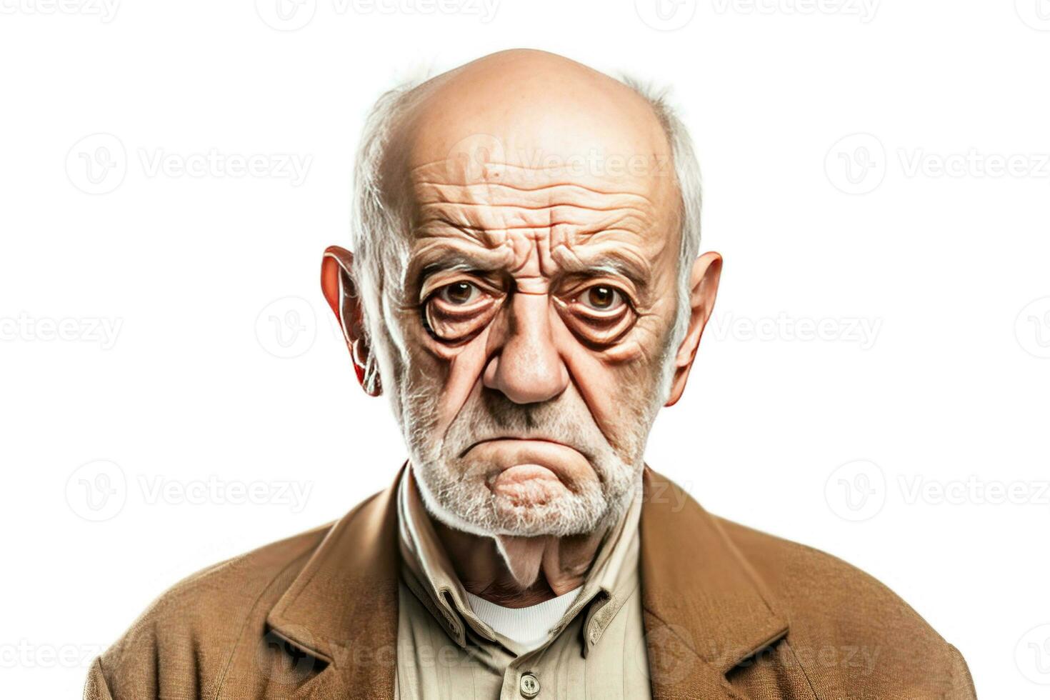 ai generato ritratto di un vecchio uomo con un' cupo espressione su il suo viso, ai generato foto
