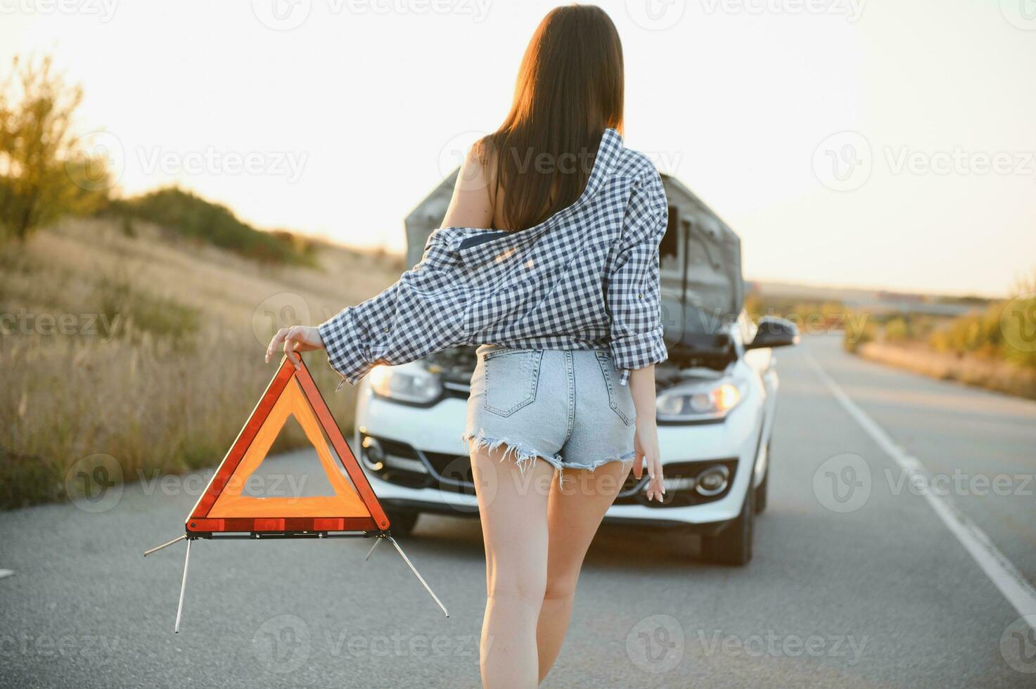 bellissimo sexy donna Tenere un emergenza fermare cartello vicino un' rotto macchina. foto