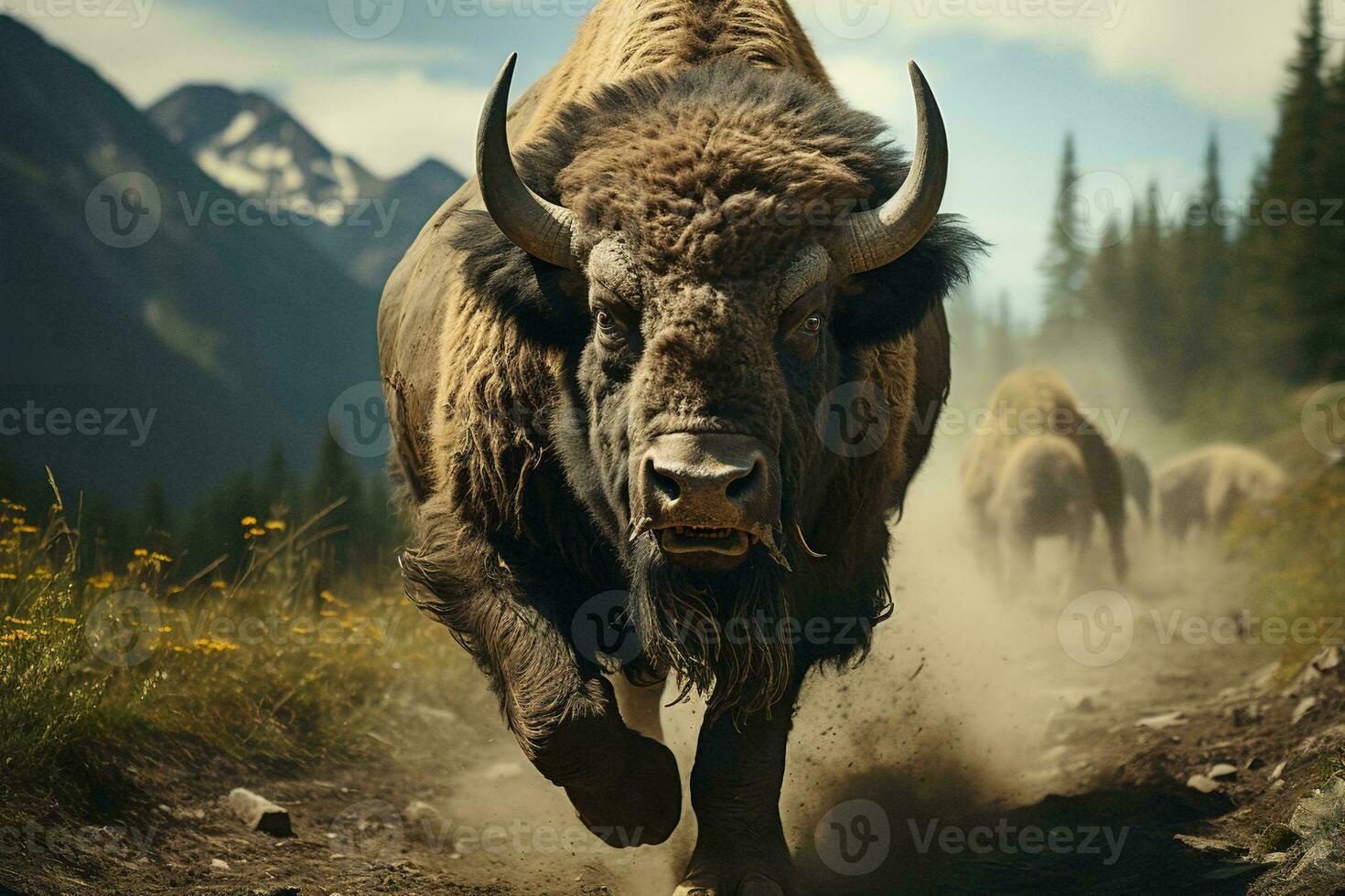 ai generato un' potente bisonte conduce suo mandria attraverso un' montagnoso terreno, in mostra della natura crudo bellezza e il animali maestoso presenza. foto