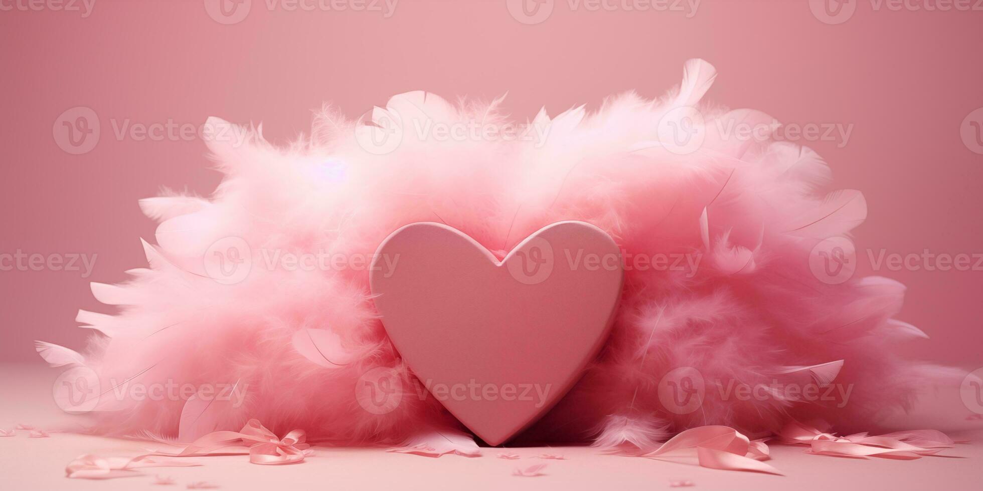 ai generato un' rosa cuore circondato di piume su un' rosa sfondo. San Valentino giorno celebrazione. Nato di artificiale intelligenza. foto
