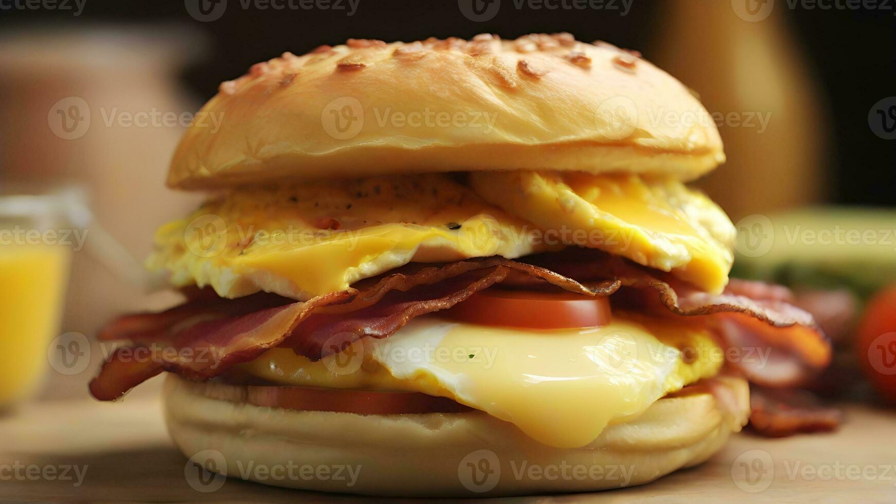 ai generato prima colazione Sandwich, strato un' grano intero inglese focaccina o bagel con uova, formaggio, e il tuo scelta di prima colazione carni piace Bacon o salsiccia, sfondo Immagine foto