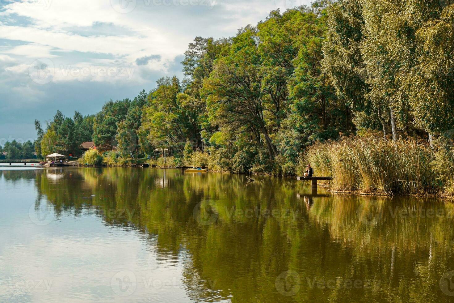 bellissimo Visualizza di il lago con blu cielo, nuvole, e verde alberi foto