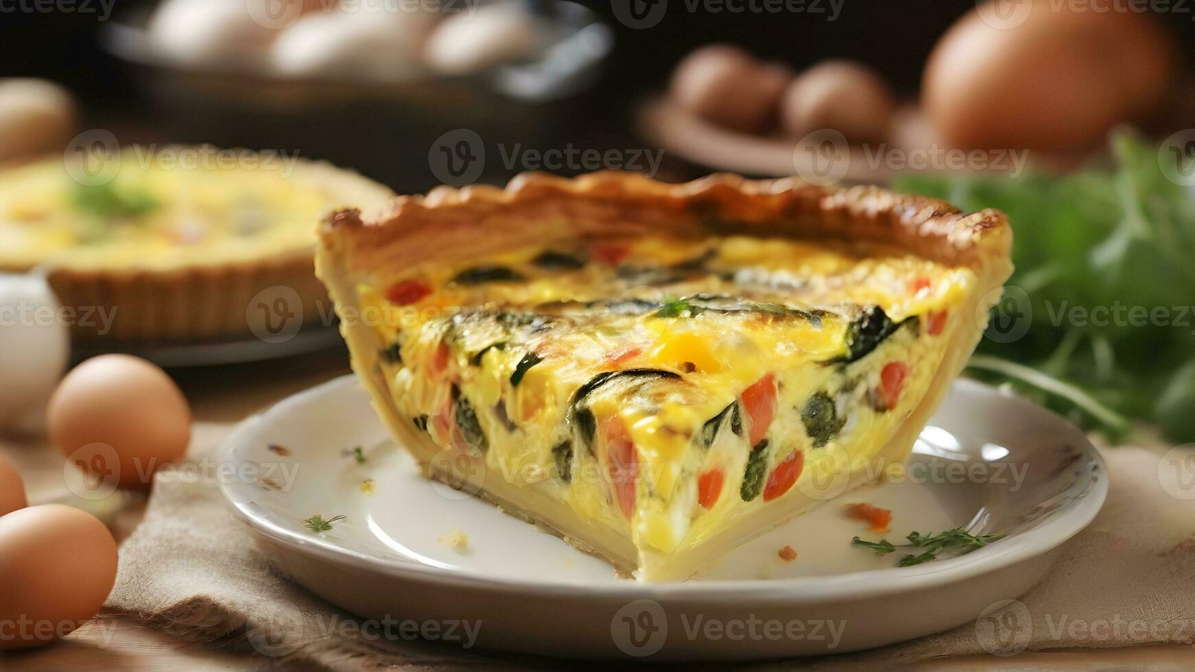 ai generato prima colazione quiche, infornare un' salato quiche con uova, formaggio, e un' varietà di verdure o carni, sfondo Immagine foto