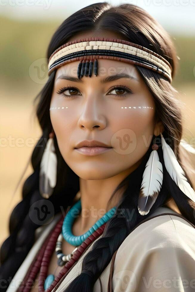 ai generato ritratto di un' nativo americano sioux indiano donna contro natura sfondo con spazio per testo, generativo ai, sfondo Immagine foto