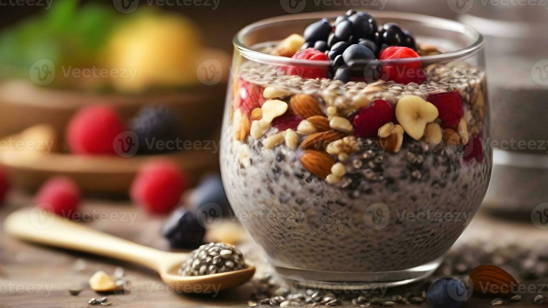 ai generato chia seme budino, mescolare chia semi con latte o un' senza lattosio alternativa, permettere esso sedersi durante la notte, e superiore con frutta, noccioline, o triturati Noce di cocco nel il mattina, sfondo Immagine foto