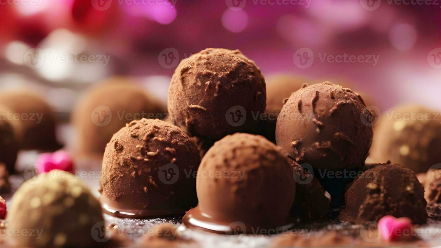 ai generato avvicinamento Immagine in mostra il ricco e decadente dettagli di individuale cioccolato tartufi contro un' San Valentino a tema giorno sfondo, sfondo Immagine foto