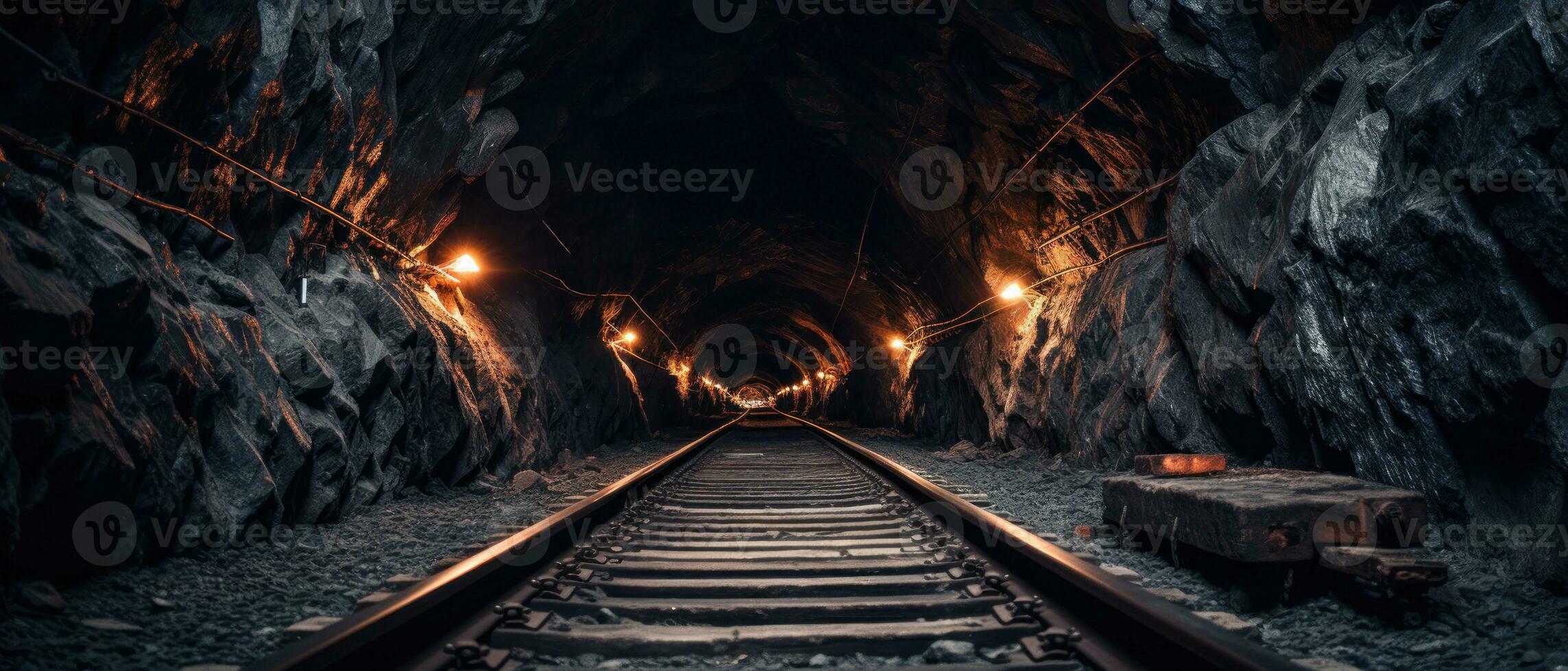 ai generato tramonto illuminante un' Ferrovia tunnel. ai generativo. foto