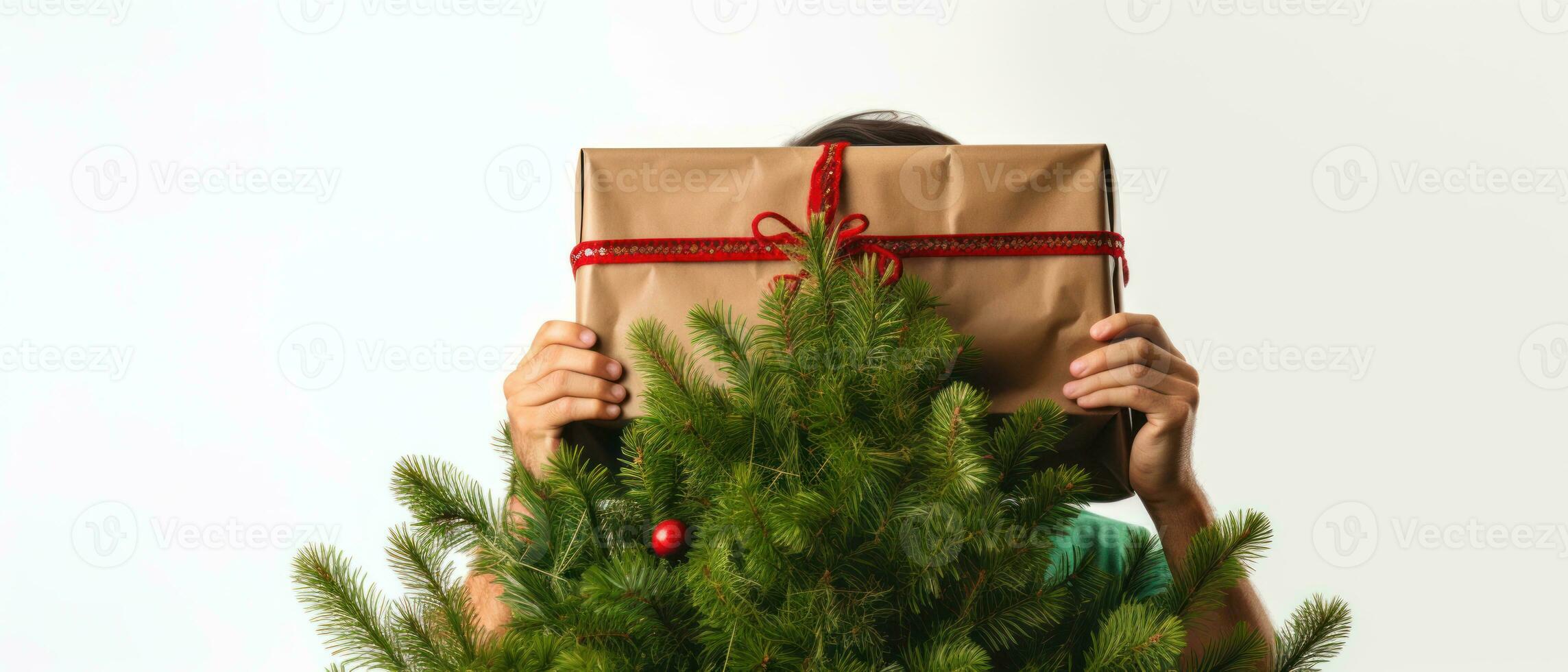 ai generato gioioso momento con un' persona scherzosamente nascondiglio dietro a un' decorato Natale albero. ai generativo. foto