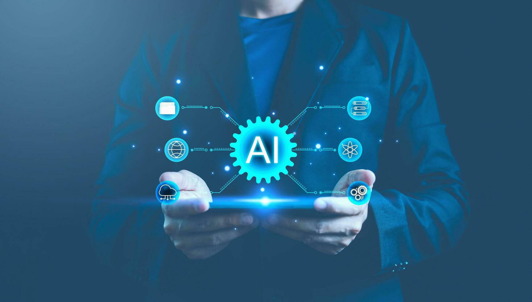 ai tecnologia. artificiale intelligenza. uomo d'affari uso tecnologia ai inteligente robot automazione sistema. dati analisi. ai Chiacchierare e comando richiesta per creare. chatbot intelligente assistente. ai segretario. foto