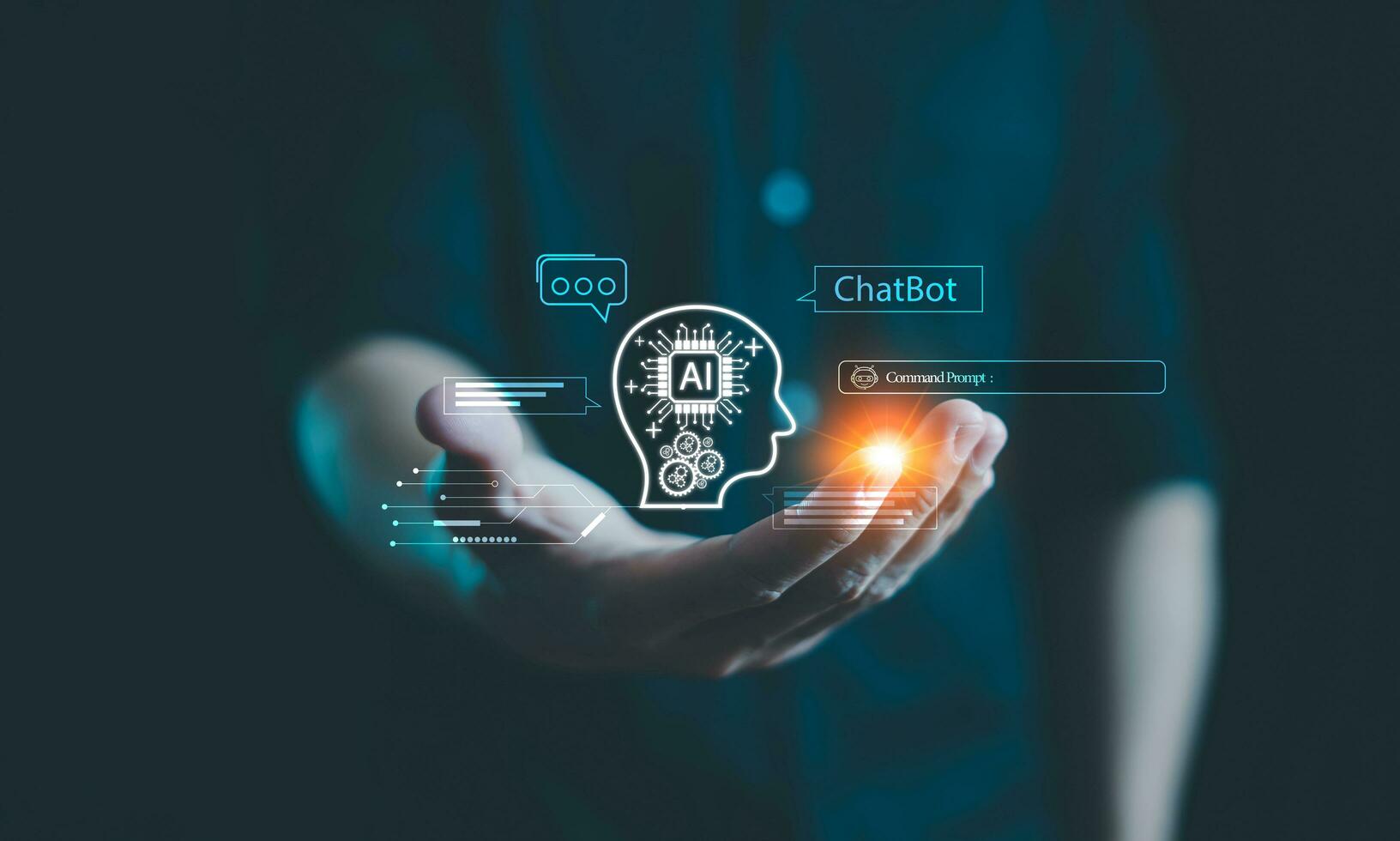 Chiacchierare ai concetto, artificiale intelligenza, chatbot, attività commerciale uso tecnologia inteligente robot ai accedere comando richiesta per creare, futuristico tecnologia trasformazione, ai servizio Aiuto cliente, assistente. foto