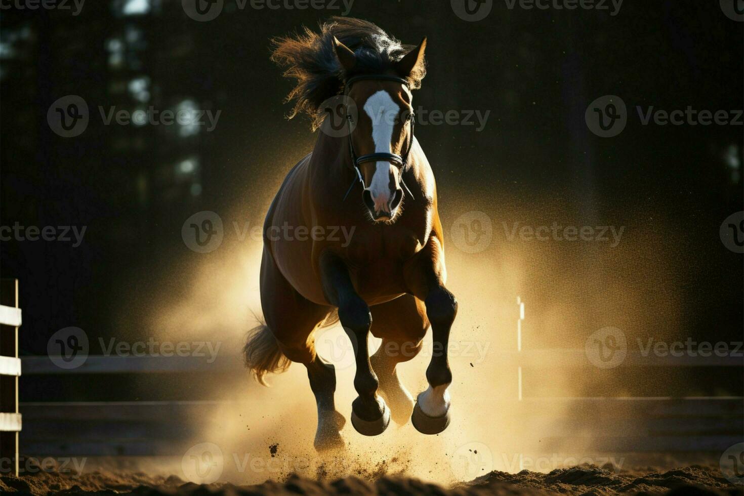 ai generato dinamico Schermo un' cavallo mostre potente agilità, esecuzione un' impeccabile e Soaring saltare foto