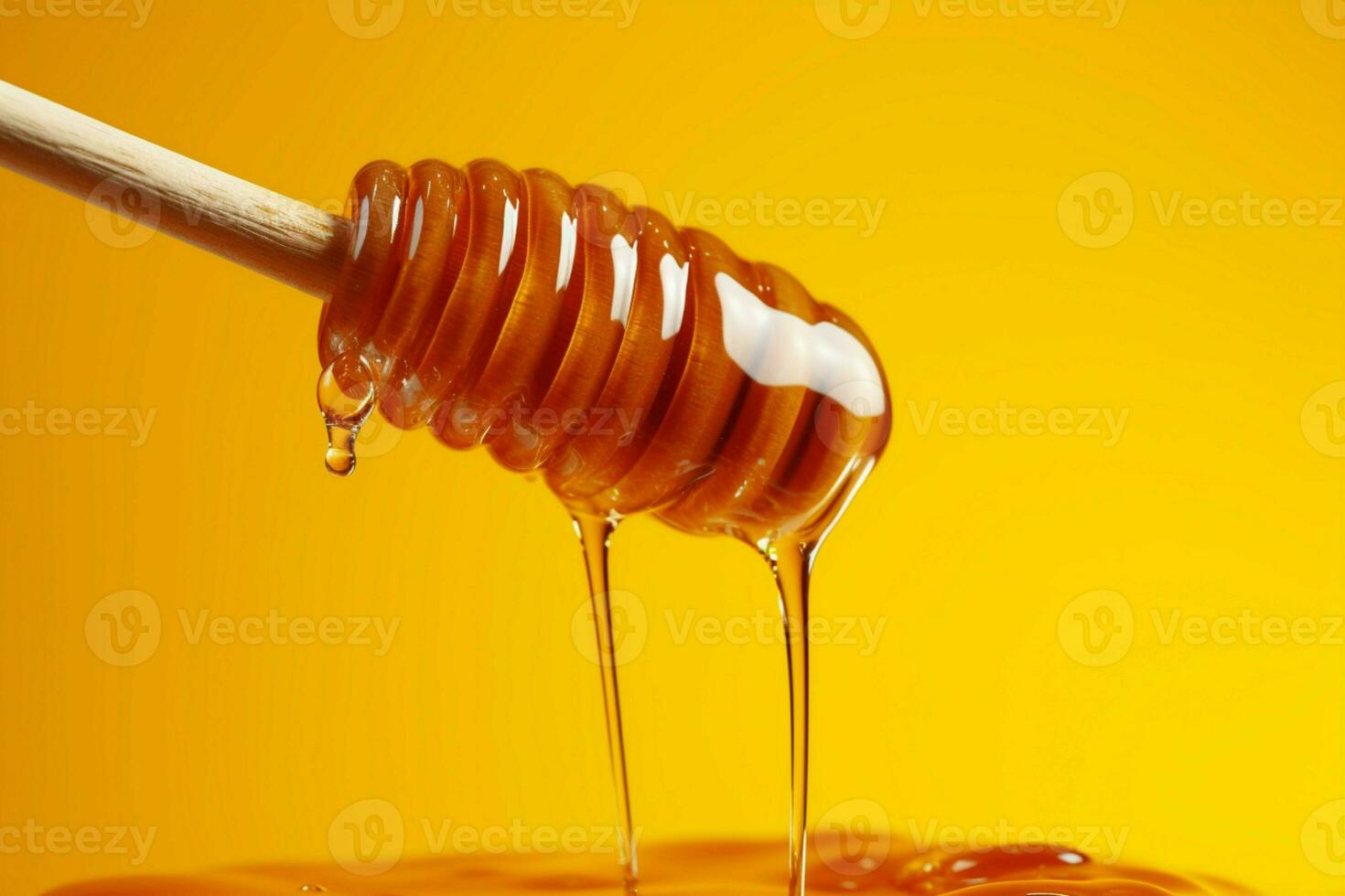 ai generato liquido oro miele gocce cascata a partire dal un' cucchiaio su giallo foto