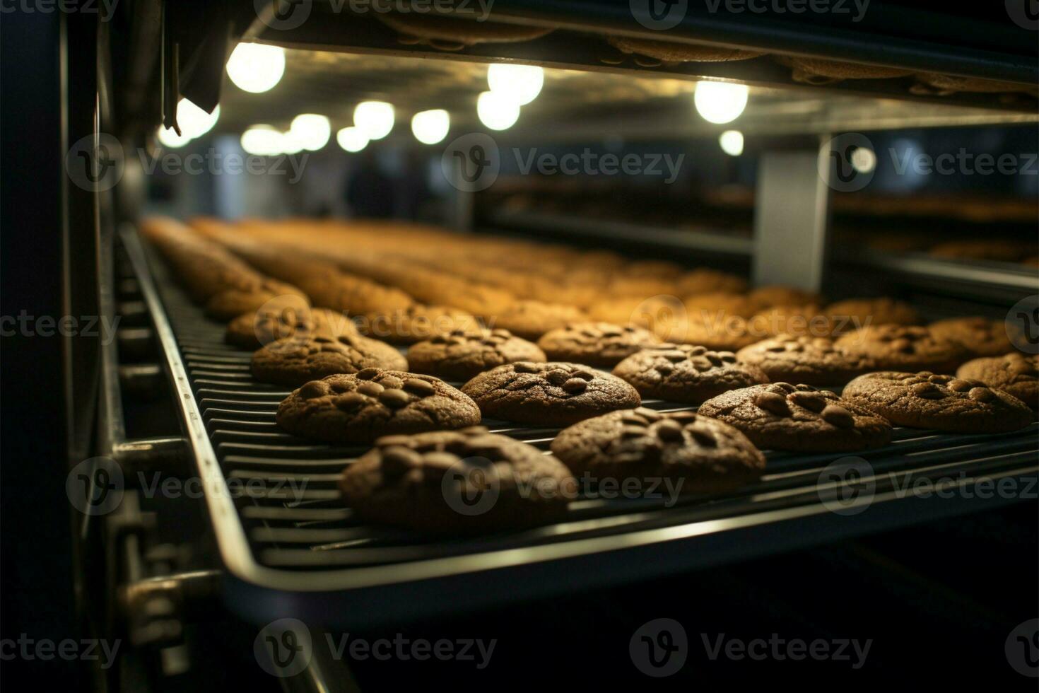 ai generato cioccolato biscotto fabbrica linea mestieri delizioso ossequi con precisione e acquolina in bocca efficienza foto