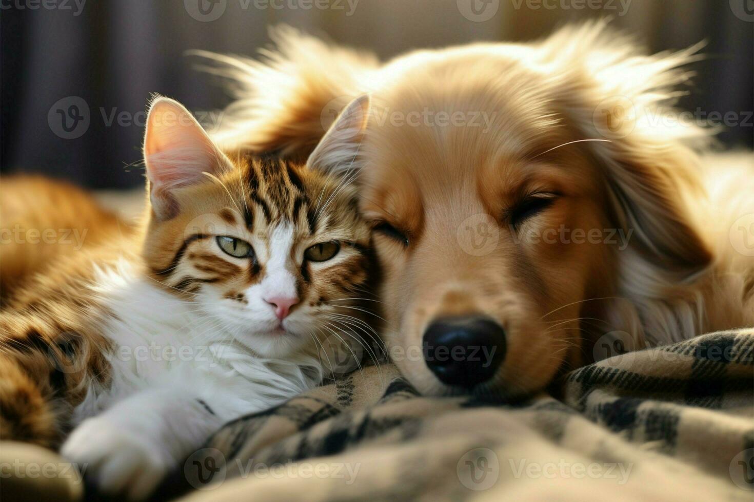 ai generato gatto e cane pacificamente coesistere, condivisione un' momento di la tranquillità nel sonno foto