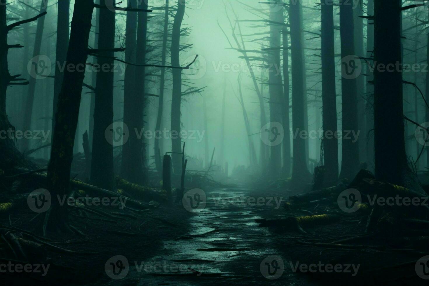 ai generato buio incanto raccapricciante nebbia foresta paesaggio, ossessionante reso nel 3d foto